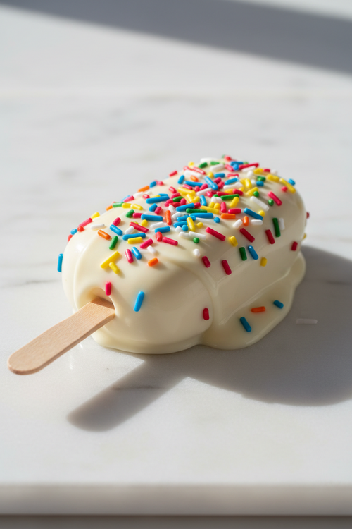 A chocolate-covered cakesicle with colorful sprinkles on a white marble surface under bright natural sunlight.